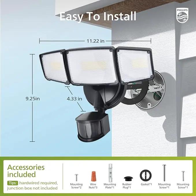 Philips 72W 7400LM LED Security Lights w/PIR Motion Sensor Outdoor, 5000K Daylight Dusk to Dawn Aluminum Flood Light, 3 Adjustable Heads, Waterproof for Garage, Yard, Porch by GreenHaven Gardens