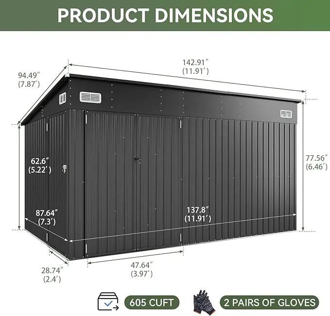Aoxun 12' x 7.3' Shed 441 CU.FT Outdoor Waterproof Storage Shed with Triple Lockable Door Garden Metal Tool Shed for Outside (Black) by GreenHaven Gardens