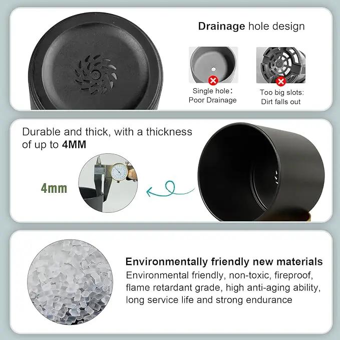 5 Pack Cylindrical Flower Pots with 7/6.5/6/5/4 inch, Modern Small Plastic Plant Pots with Drainage Holes & Saucers, Round Planter Pots for Outdoor, Indoor & Office Decor (Black Brown) by GreenHaven Gardens
