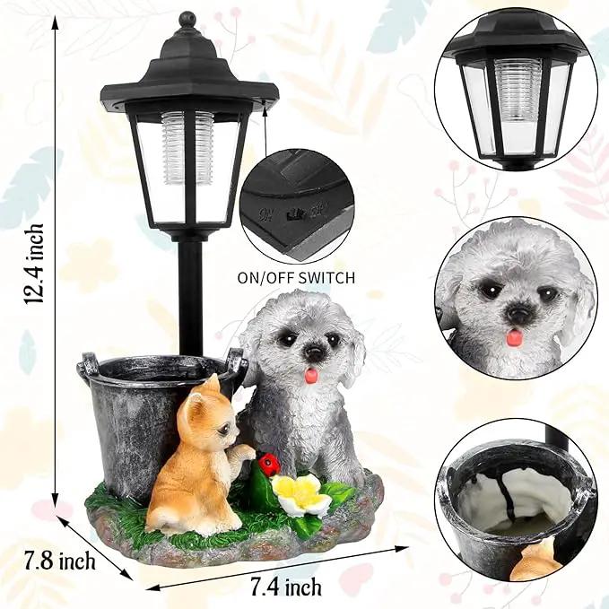Garden Dog Statue,Resin Teddy & Cat Figurine with Solar LED Light,Flower Pots Planters Pots for Succulent,Outdoor Sculpture for Patio Balcony Yard Lawn Decor,Unique Gift for Dad Mom Grandma by GreenHaven Gardens