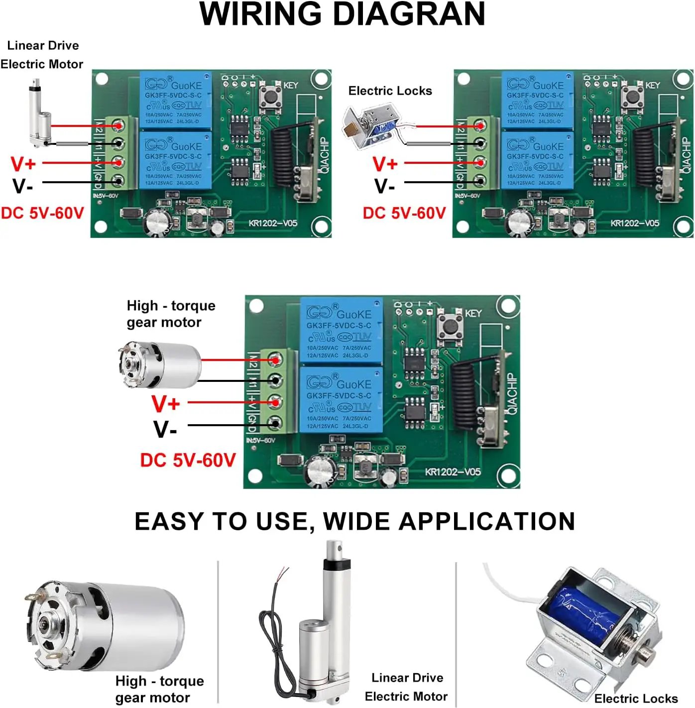 QIACHIP DC 5V 6V 12V 24V 36V 48V 60V Electric Motor Forward and Reverse Wireless RF Remote Control Relay Module Switch,Receiver 433Mhz with Transmitters for Motor,Curtains, Garage Door (KR1202) by GreenHaven Gardens