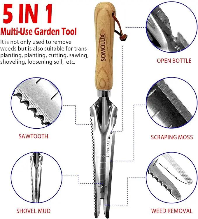 SOMOLUX Multifunctional Garden Tool Stainless Steel Shovel Hand Weeder with Wood Handle Soil Knife Tool for Planting Weeding Digging Transplanting Cutting Measuring by GreenHaven Gardens