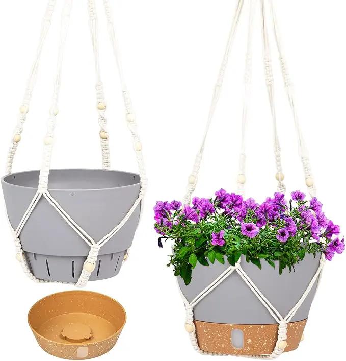 QCQHDU 2 Pack Hanging Planters for Indoor Plants, Outdoor Hanging Baskets, Self Watering Pots with Drainage Holes & Removable Tray (Light Grey, 8 inch, Macrame Hanger) by GreenHaven Gardens