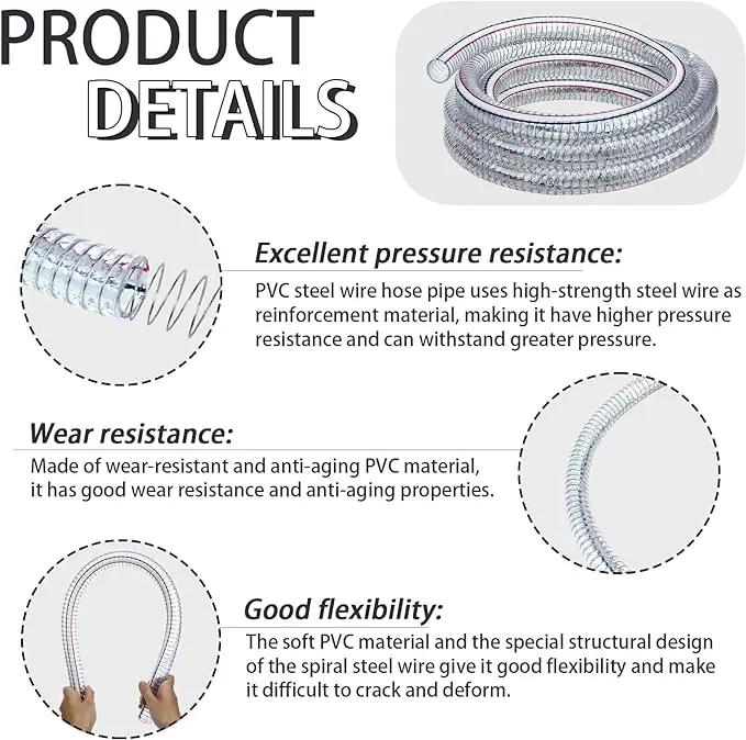 Frienda Heavy Duty Steel Wire Flexible Tubing with Fasteners PVC High Pressure Drain Hose Tube Pond Tubing Clear Wire Reinforced for Pond Bilge Pump Vacuum Suction Hose(24.6 Ft, 1 Inch Id) by GreenHaven Gardens
