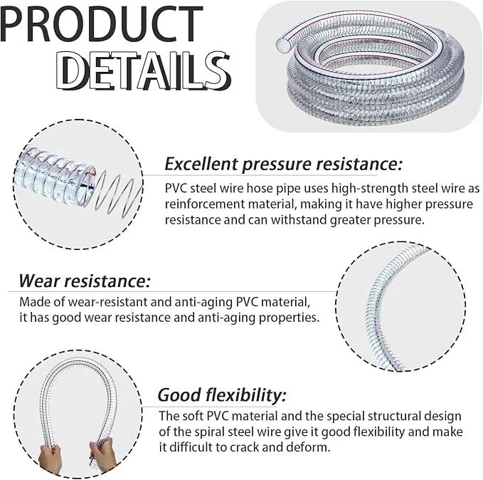 Frienda Heavy Duty Steel Wire Flexible Tubing with Fasteners PVC High Pressure Drain Hose Tube Pond Tubing Clear Wire Reinforced for Pond Bilge Pump Vacuum Suction Hose(16.4 Ft, 1 Inch Id) by GreenHaven Gardens