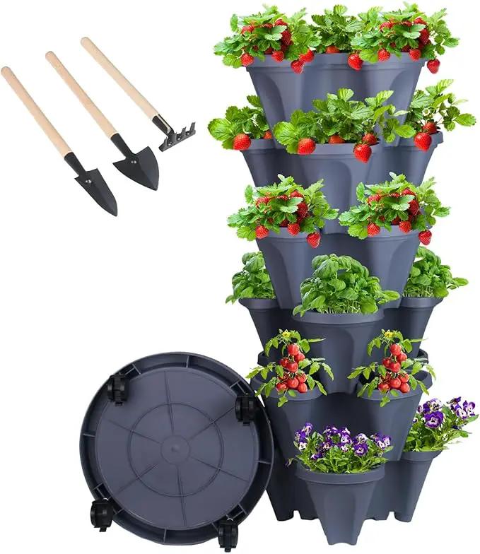 Vertical Planter 6 Tier Stackable Planters Garden Planters Strawberry Herb Flower and Vegetable Planter Indoor Outdoor Gardening Pots with Removable Wheels and Tools by GreenHaven Gardens