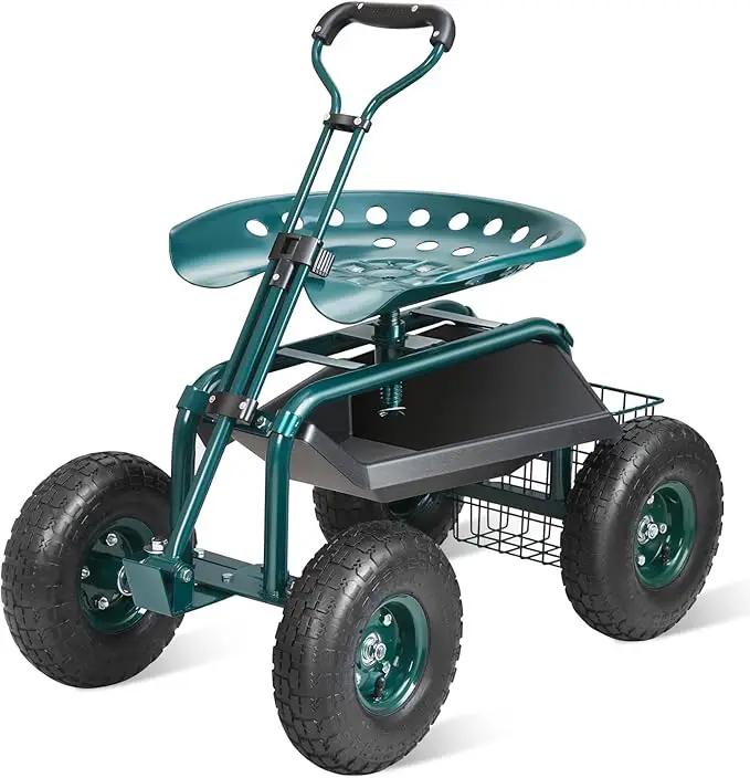VEVOR Garden Cart Rolling Workseat with Wheels, Gardening Stool for Planting, 360 Degree Swivel Seat, Wagon Scooter with Steering Handle & Utility Tool Tray, Use for Patio, Yard, and Outdoors, Green by GreenHaven Gardens