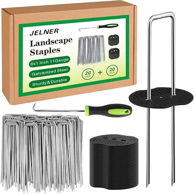 Landscape Staples Set,6 Inch 11 Gauge 20pcs Galvanized Garden Stakes + 20pcs Gaskets + 1Pick Hook,U-Shaped Tent Stakes Landscaping Fabric SOD Pins for Weed Fabric Barrier,Groud Cover,Fence by GreenHaven Gardens