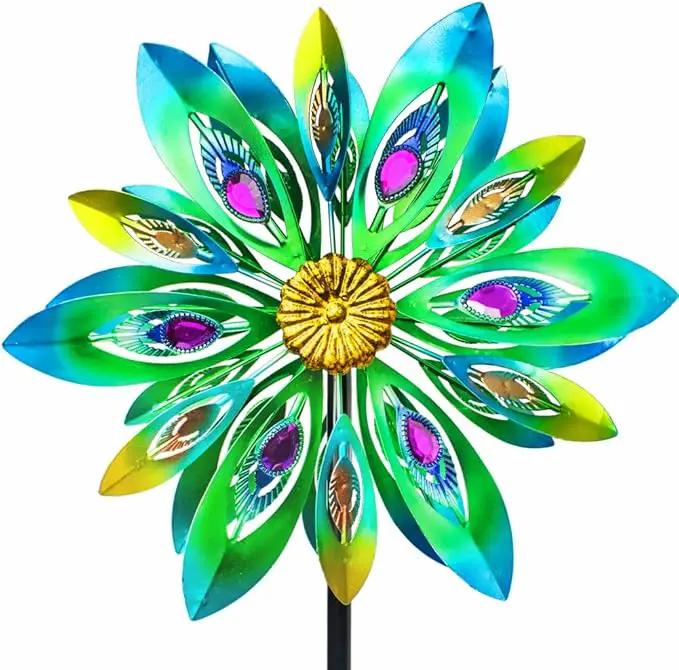 53 Inch Wind Spinner - Outdoor Metal Peacock Wind Sculptures for Garden, Patio, Yard, Lawn Decorations Double Windmill Spinner by GreenHaven Gardens
