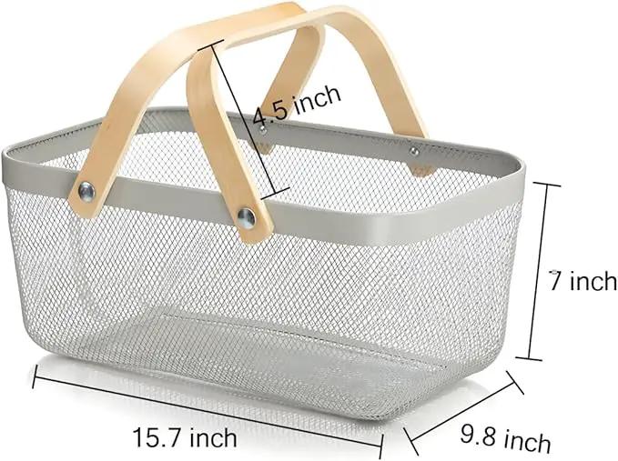 Wire Mesh Storage Organizer Basket Portable Garden Harvest Basket Fruit Basket Bin with Wood Handle Ideal for Kitchen Picnic Pantry Cabinets Storage Home Decor (Cold Gray) by GreenHaven Gardens