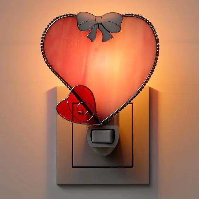 KY&BOSAM Plug in Pink Heart Night Light Stained Glass Nightlight Decorative Wall Night lights with On/Off Switch Come with 7 Watt Bulb Mother`s Christmas Valentine`s Holiday Spring & Winter Home Decor by GreenHaven Gardens