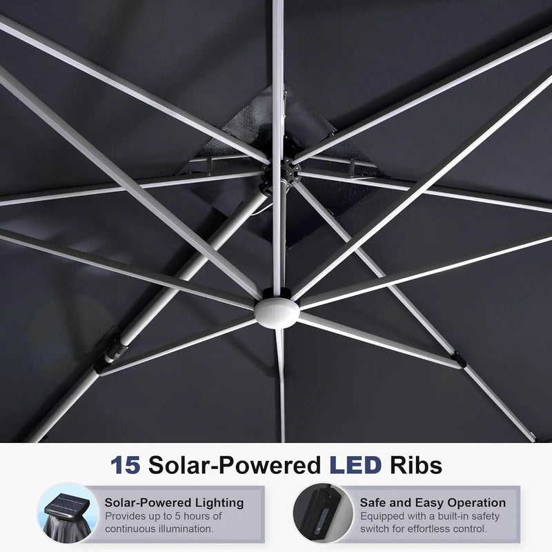 PURPLE LEAF 10 Feet Double Top Deluxe Solar Powered LED Square Patio Umbrella Offset Hanging Umbrella Outdoor Market Umbrella Garden Umbrella, Grey by GreenHaven Gardens