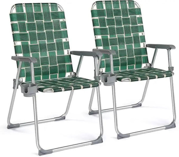 VINGLI Folding Aluminum Webbed Lawn Chairs with Detachable Cup Holder, High Beach Chair for Adults Heavy Duty, Portable Patio Chair, Camping Chair for Yard, Garden, 2 Pack