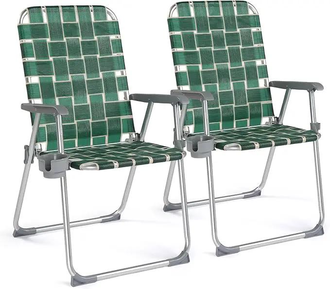 VINGLI Folding Aluminum Webbed Lawn Chairs with Detachable Cup Holder, High Beach Chair for Adults Heavy Duty, Portable Patio Chair, Camping Chair for Yard, Garden, 2 Pack by GreenHaven Gardens