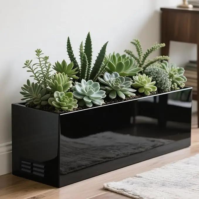 Worth Garden Metal Planter Box - 30" L x 11" W x 13" H Glossy Black Heavy Duty Large Rectangular Steel Modern Plant Pot, Indoor Outdoor - Insert Plate with Drain Holes, Air Vents, No Assembly Required by GreenHaven Gardens