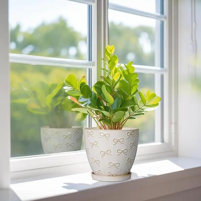 Ceramic Plant Pot 6.9 Inch - Ceramic Planter with Drainage Hole and Saucer Round Planter Flower Pot for Indoor Plants Outdoor Home Garden Office Decor White by GreenHaven Gardens