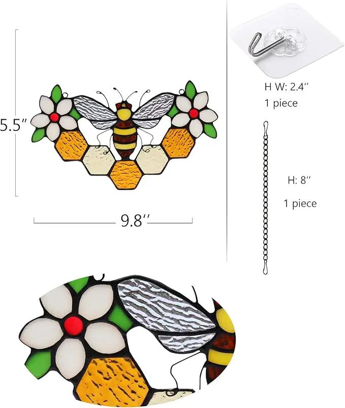 Bee Decor Stained Glass Window Hanging,Honeybee Honeycomb with Flowers Suncatcher for Window,Wall Art Ornaments,Birthday Gifts for Women,Friends,Housewarming Gift by GreenHaven Gardens