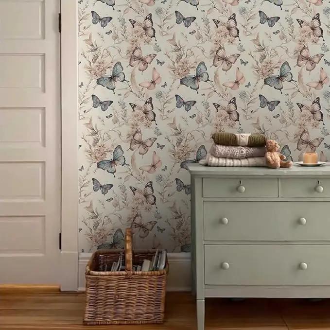 Wonderland Boho Butterfly Flowers Peel and Stick Wallpaper Self Adhesive Removable Easy Peel Off Stick on Wall Paper for Bedroom Cabinet Renter Friendly by GreenHaven Gardens