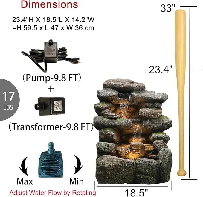 4-Tier Rock Water Fountain Outdoor Waterfall Garden Decor, 23.4" Cascading Waterfall With LED Lights for Patio, Lawn, Backyard, and Home, Faux Stone Design by GreenHaven Gardens
