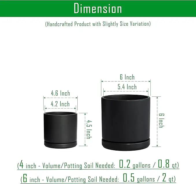 D'vine Dev 4.6 Inch & 6 Inch Ceramic Planter Pots for Plants with Drainage Hole and Saucer, Small Plant Pots Set, Black, 94-G-S-2 by GreenHaven Gardens