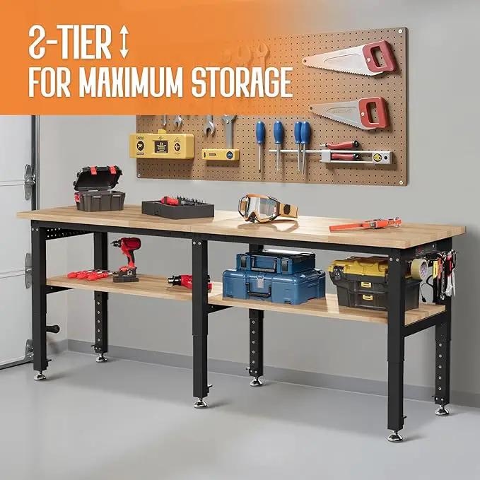Albott 84" Adjustable 2-Tier Workbench with Solid Wood Top, Max 2000lbs Capacity, Built-in Power Strip with 4 AC Outlets & 2 USB Ports, Pegboard & 20 Hooks, Shop Garage Office by GreenHaven Gardens
