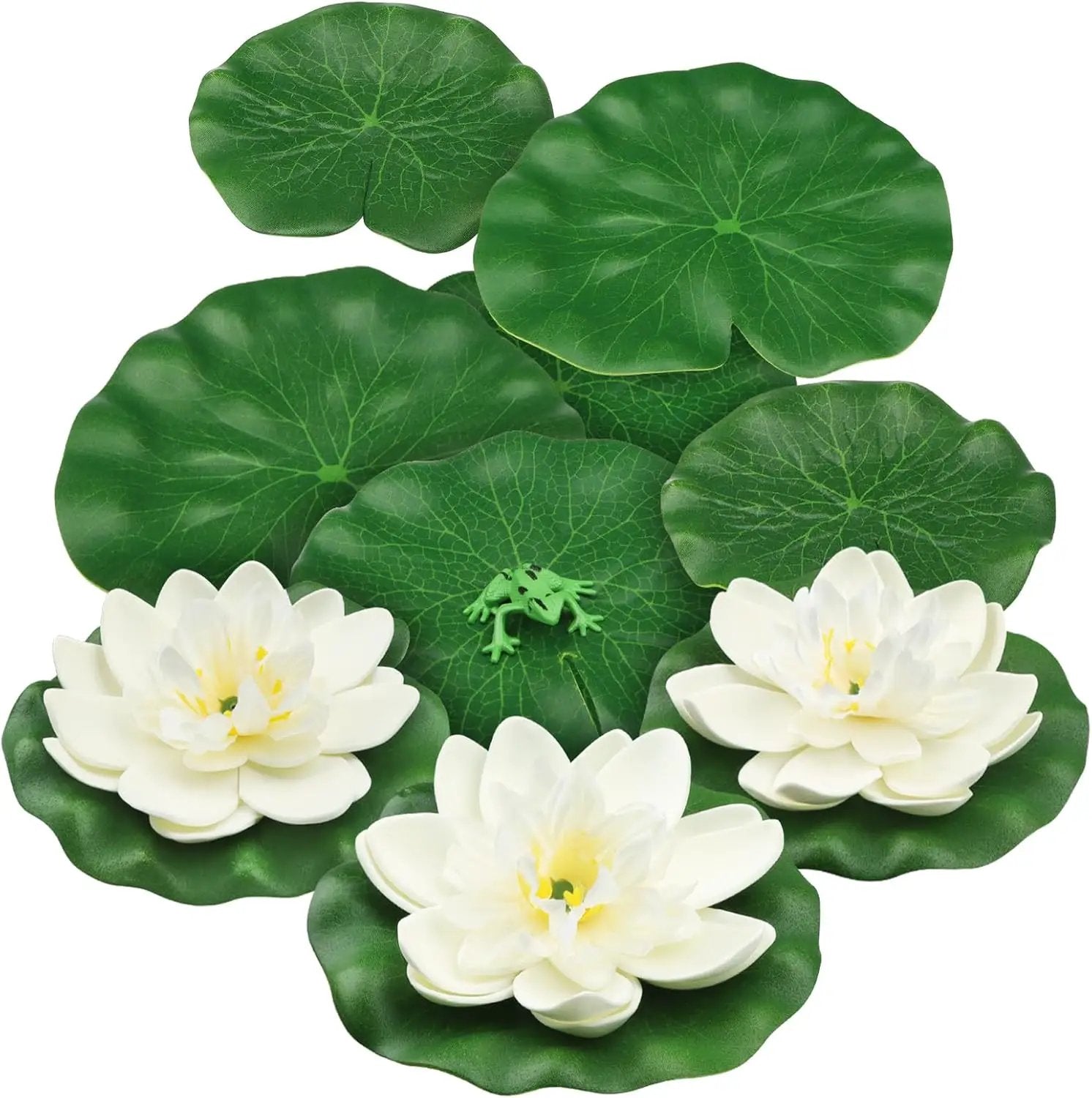 10pcs Artificial Floating Foam Lotus Flowers with Artificial Frog Lotus Leaves, Lily Pads for Lake, Pond Plants Ornaments for Pool Aquarium Water Decoration, White by GreenHaven Gardens