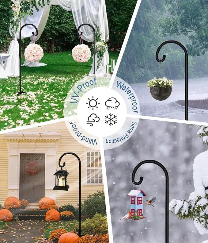 60 inch Outdoor Shepherd Hook with Upgraded 7 Prong Base (1 Pack), Adjustable Heavy Duty Garden Hanging Stake for Bird Feeder Solar Light Plant Hanger Wedding Decor, Matte Black by GreenHaven Gardens
