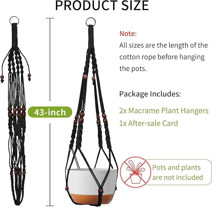 43 Inch Macrame Plant Hanger - Fits 6-15 Inch Pots, Extra Long Hanging Planter Holder for Indoor Outdoor, with Red Wood Beads, Boho Home Decor, 2 Pack, Black (POTS NOT Included) by GreenHaven Gardens