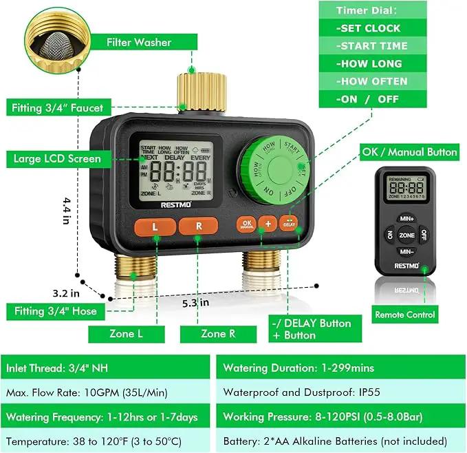 RESTMO RF Remote Controlled Sprinkler Timer with Brass Inlet & Outlet, Water Timer for Garden Hose, Automatic/Manual/Rain Delay for Outdoor Faucet, Drip Irrigation and Lawn Watering, 2 Outlet by GreenHaven Gardens