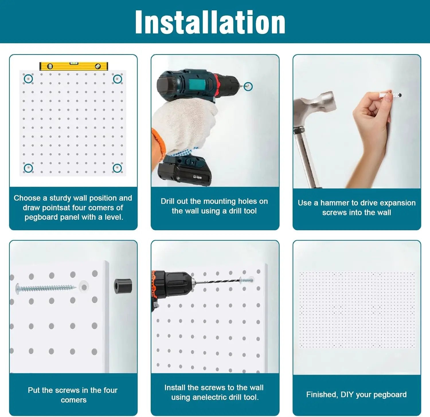 6 Pack Steel Peg Board,Universal 1/8 and 1/4 Pegboard Accessories,Ideal for Garage Tool Storage, Office Organization, Craft Room, Kitchen etc. (White, 6-12X12) by GreenHaven Gardens