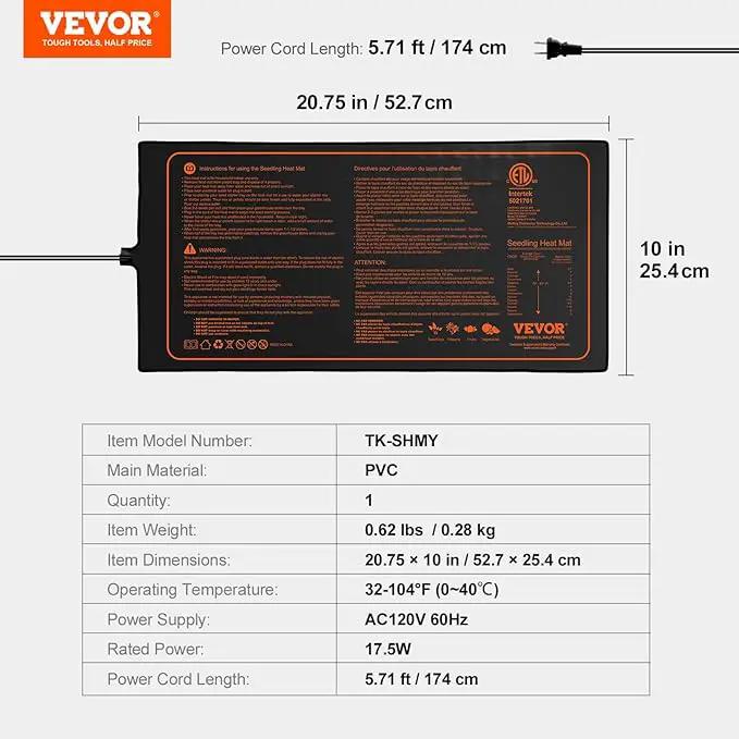 VEVOR 10"x 20.75" Seedling Heat Mat 1 Pack, MET-Certified, Waterproof, for Indoor Germination, Gardening, Hydroponics, Greenhouse Use by GreenHaven Gardens