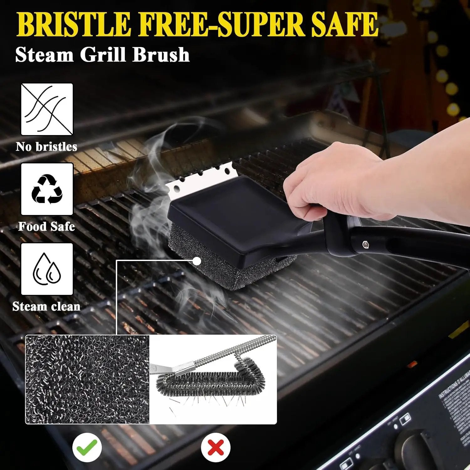 Grill Brush Bristle Free, 4 in 1 Grill Brush for Outdoor Grill with Replaceable Cleaning Head, Extra Long Safe Steam Grill Cleaner Brush with Scraper for Cast Iron, Stainless-Steel Grates by GreenHaven Gardens