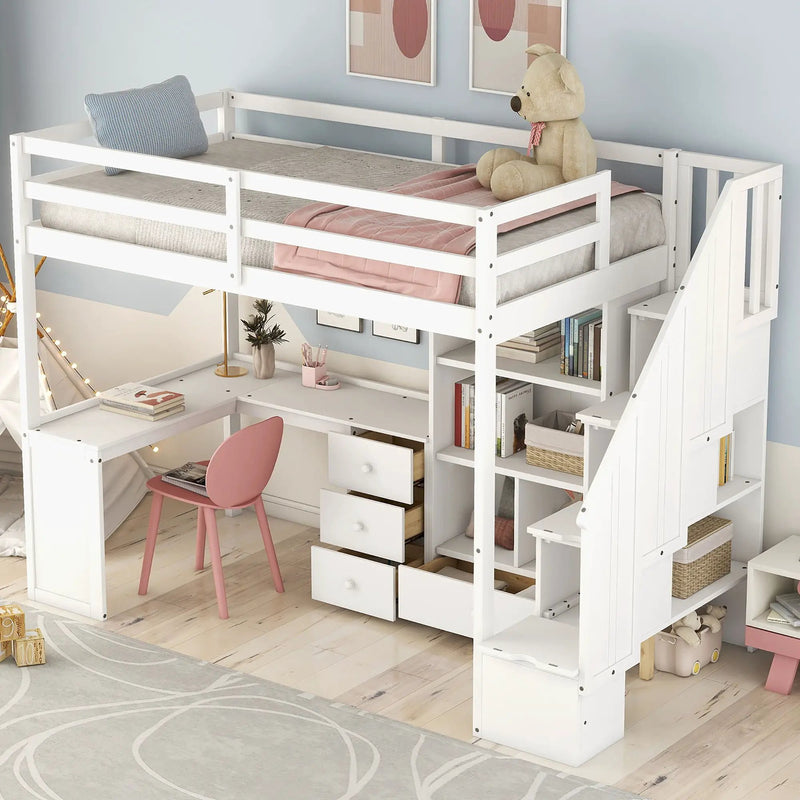 Loft Bed With L Shaped Desk, Drawers, Cabinet, And Storage Staircase by Unique Piece Furniture