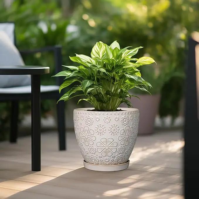 10 Inch Ceramic Planter Pot Large Plant Pot for Indoor Plants Outdoor Round Flower Pot with Drainage Hole and Saucer for Home Garden Decor White by GreenHaven Gardens