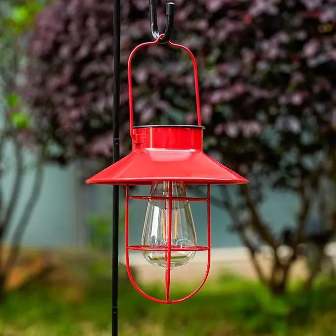 Solar Lights Lantern Lamp with Shepherd Hook, Solar Metal Lanterns, Outdoor Lights Decor,Edison Bulb Lights for Garden ,Outside Decor for Pathways,Patio, Lawn, or Landscaping(Red) by GreenHaven Gardens