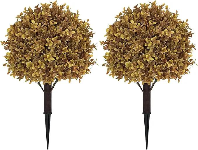 24" Tall Artificial Boxwood Ball Fall Topiary Trees Set of 2, UV Resistant Large Faux Plants Outdoor, 2ft Fake Bushes and Shrubs Look Real with Stake for Front Porch Outside Planter Backyard Decor by GreenHaven Gardens