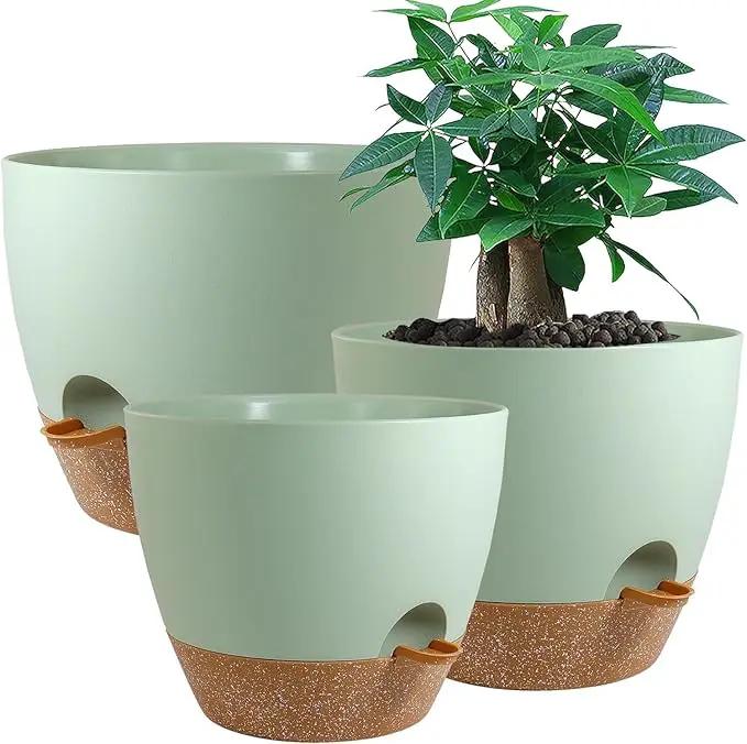 Large Self Watering Pots, 12/10/9 Plastic Planters with High Drainage Holes and Deep Reservoir for Indoor Outdoor Garden Plants and Flowers, Green with Brown by GreenHaven Gardens