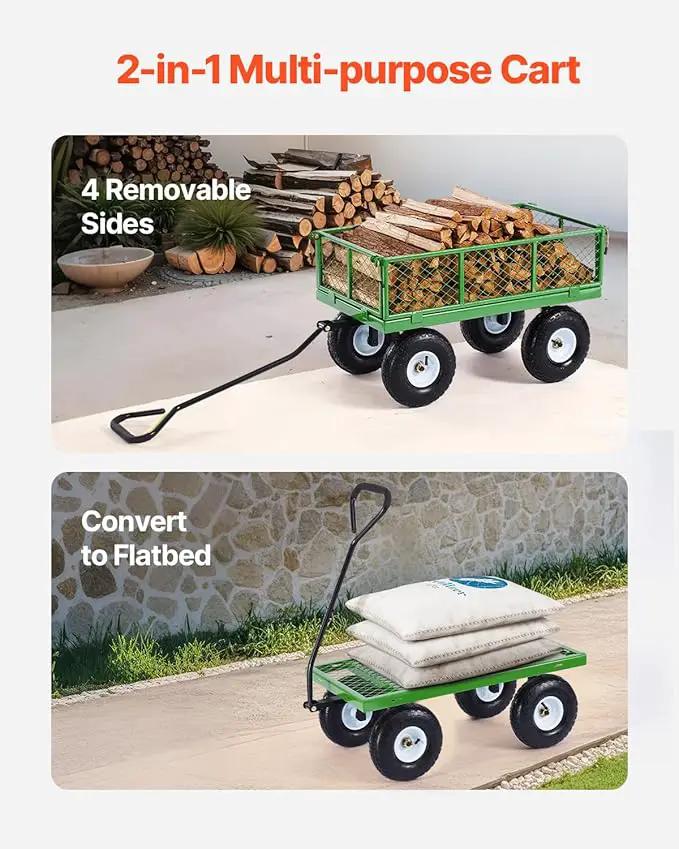 VEVOR 680 Lbs Steel Garden Cart on Wheels, Heavy Duty Garden Wagon Cart Pullable, Metal Outdoor Utility Yard Wagon Carts with 10" Tires, Mesh Removable Sides and 180°Rotating Handle by GreenHaven Gardens