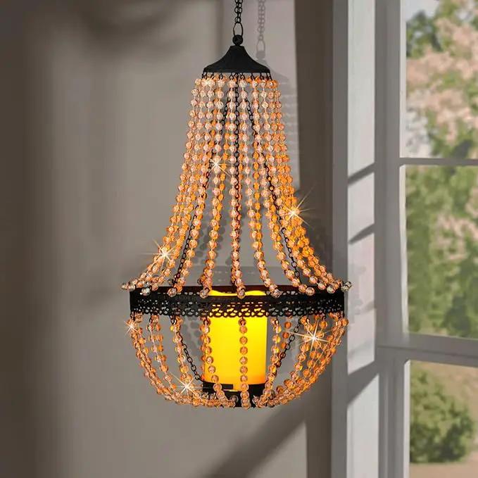 Hanging Candle Chandelier Outdoor, Battery Operated Clear Acrylic Beaded Chandelier with Flickering Led Candle Light S Hooks Modern Lantern for Garden Yard Patio Gazebo Room Indoor Decorations, 27”H by GreenHaven Gardens