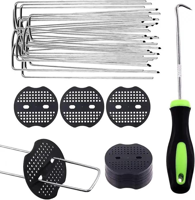 Swpeet 201Pcs U-Shaped Landscape Garden Stakes Staples and Plastic Fixing Gasket with Pick Hook Assortment Kit, Garden Lawn Landscape Staples for Irrigation Hoses, Fixed Fences, Artificial Turf Nails by GreenHaven Gardens
