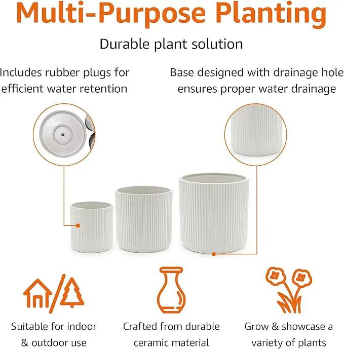 Amazon Basics Assorted Sizes Fluted Ceramic Round Indoor Outdoor Planters with Drainage, Set of 3, Modern Design, 6-Inch, 8-Inch, 10-Inch, White by GreenHaven Gardens