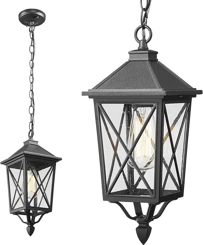 Darkaway Outdoor Pendant Light Fixture, Outdoor Hanging Porch Light with Seeded Glass, Anti-Rust Waterproof Aluminum E26 Socket Lighting for Porch Entryway Doorway by GreenHaven Gardens