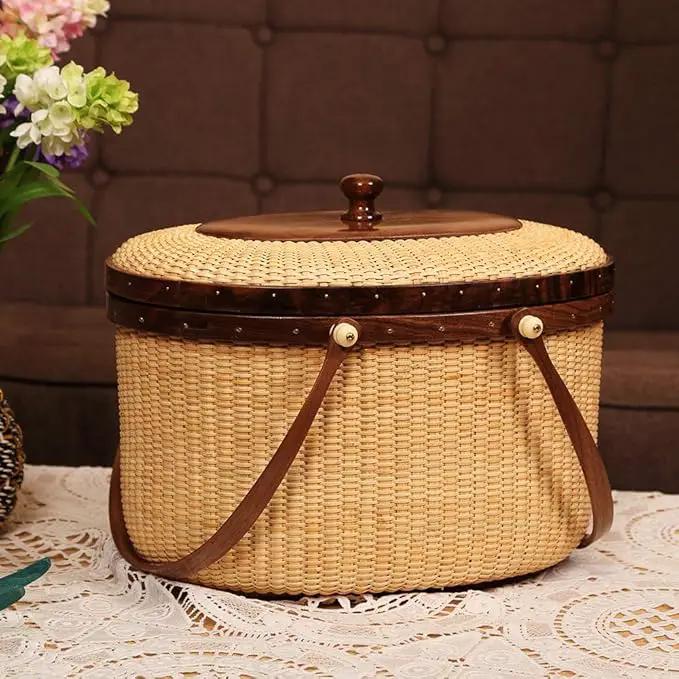 Nantucket Style Basket Picnic Basket Rattan Handmade Products Woven Sewing Storage Basket Two Swing Handles Tote Bag for Women by GreenHaven Gardens