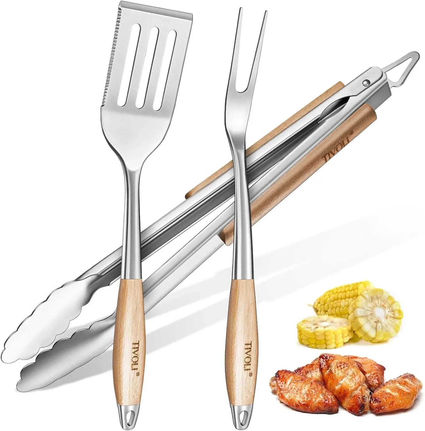 TIVOLI 3PCS Grilling Accessories, Heavy Duty BBQ Tool Set with Stainless Steel Spatula, Tongs, Fork, Wood Handles Barbecue Utensils Kit for Outdoor, Perfect Grill Gifts for Dad Men by GreenHaven Gardens