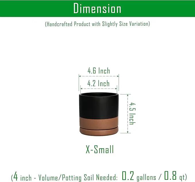 D'vine Dev Set of 4 Small Ceramic Plant Pots, 4.6 Inch Succulent Planter Pot for Plants with Drainage Hole and Saucer, Black/Speckled Tan, 94-X-B-7 by GreenHaven Gardens