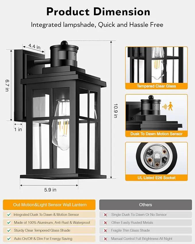 Motion Sensor Outdoor Lights, 2 Pack Outside Light Fixture Dusk to Dawn, Black Outdoor Motion Sensor Light, Anti-Rust Exterior Light Fixture for House, Garage, Doorway, Porch, 100% Aluminum by GreenHaven Gardens