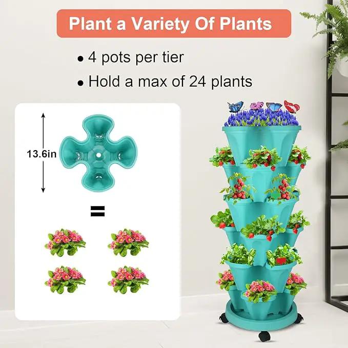 Vertical Planter, 6 Tier Stackable Strawberry Planter with Garden Tool Set, Movable Indoor/Outdoor Garden Herb Pot for Growing Vegetables and Succulents, Teal by GreenHaven Gardens