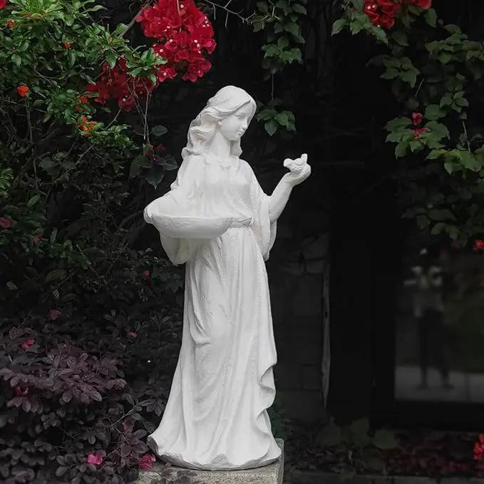 Garden Outdoor Nymph Statue Girl Maid Statue 40 Inch with Birdbath Bird Bath Bowl Magnesium Oxide Sculpture Patio Yard Lawn Decor Ivory by GreenHaven Gardens
