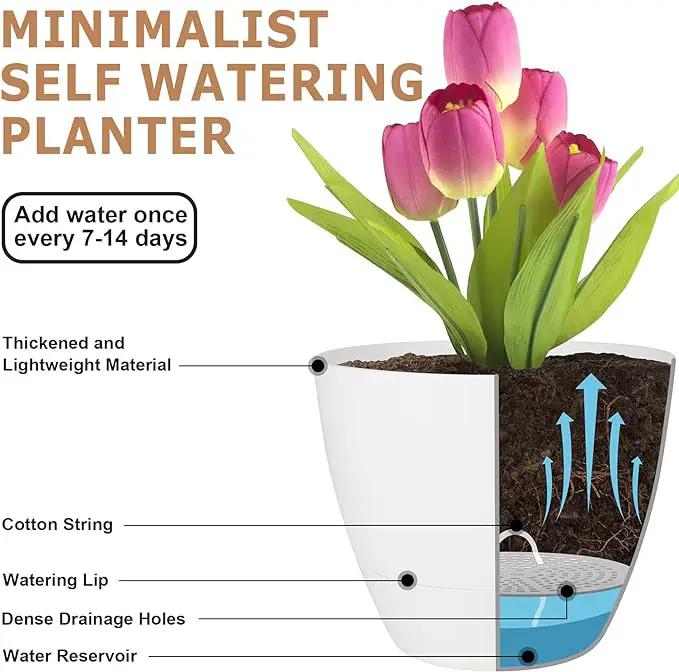 Plant Pots 12/10/9 Inch Self Watering Pots, Set of 3 Plastic Planters with Drainage Holes and Saucers,Plastic Flower Pots,Nursery Planting Pot for Indoor Out Door Plants(Pure White) by GreenHaven Gardens