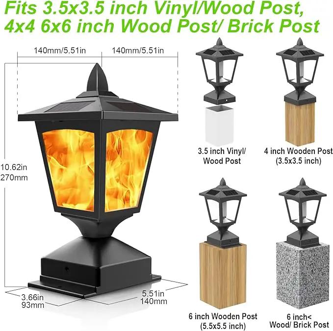 Solar Post Flame Light, Outdoor Deck Fence Post Cap Top LED Light wih Flickering Flame, Waterproof, 4x4 5x5 6x6, Outdoor Garden Firefly String Lights, 30 Leds, (Pack of 2) by GreenHaven Gardens